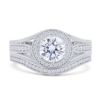 Two Piece Round Halo Split Shank Beaded Gold Ring